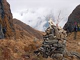 206 French Pass Of April 27 1950 The day following another five- or six-thousand foot drag brought us to a tiny notch on a secondary ridge of the Nilgiri massif. This pass, so insignificantly-seeming among the vastness of the mountains, proved to be one of the most important in the history of the Himalayan mountaineering, for it was here that on 26th [actually 27th] April 1950, Couzy, Oudot and Schatz discovered the amazing traverse of the walls of the Miristi gorge, without which Annapurna would never have been climbed (Lionel Terray, Conquistadors of the Useless). This is the famed Pass Of April 27 (4310m).